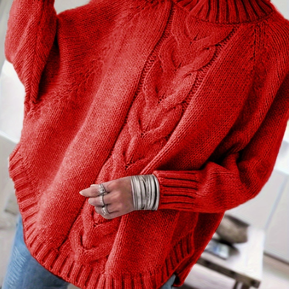 Women's Thick Textured High-Neck Sweater with Cable Detail - Red
