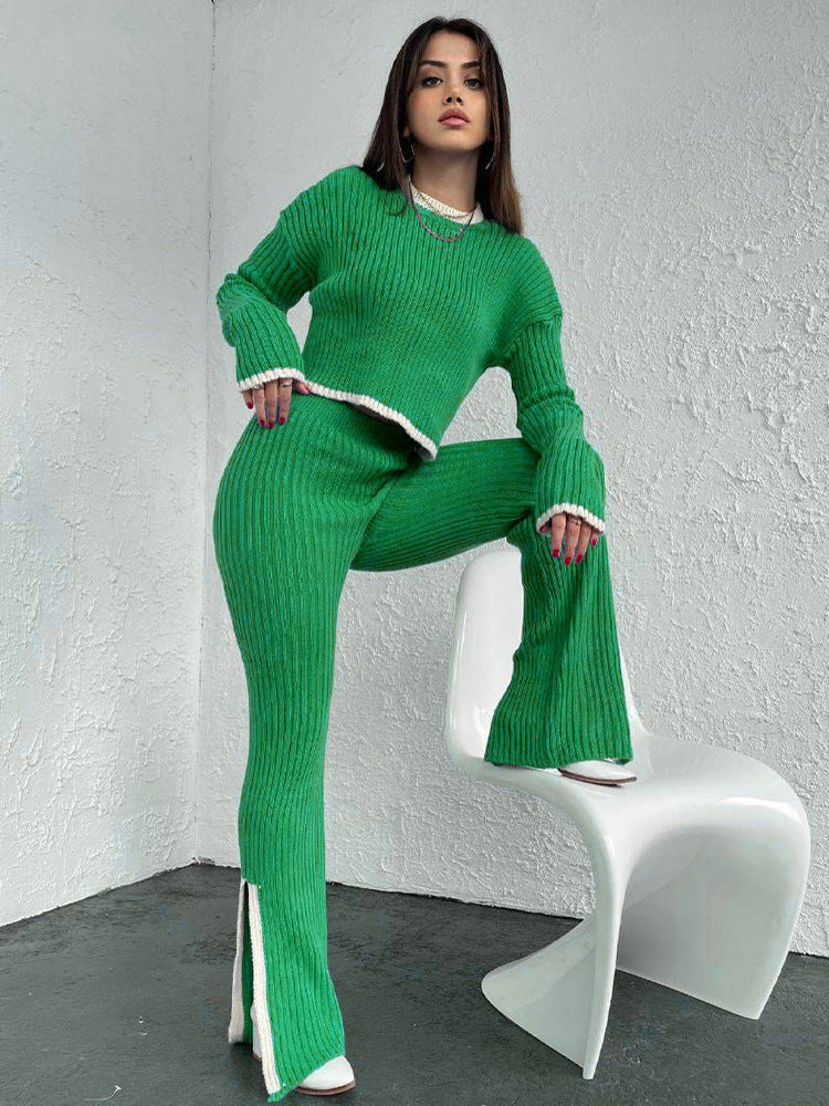 Women's Cool-Weather Knit Two-Piece with Contrast Edging - Green