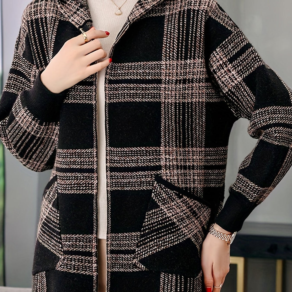 Women's Relaxed Checked Hoodie Jacket with Full Zipper - Camel