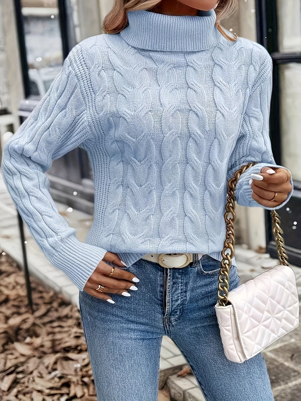 Women's Everyday Turtleneck Pullover with Twisted Cable Knit
