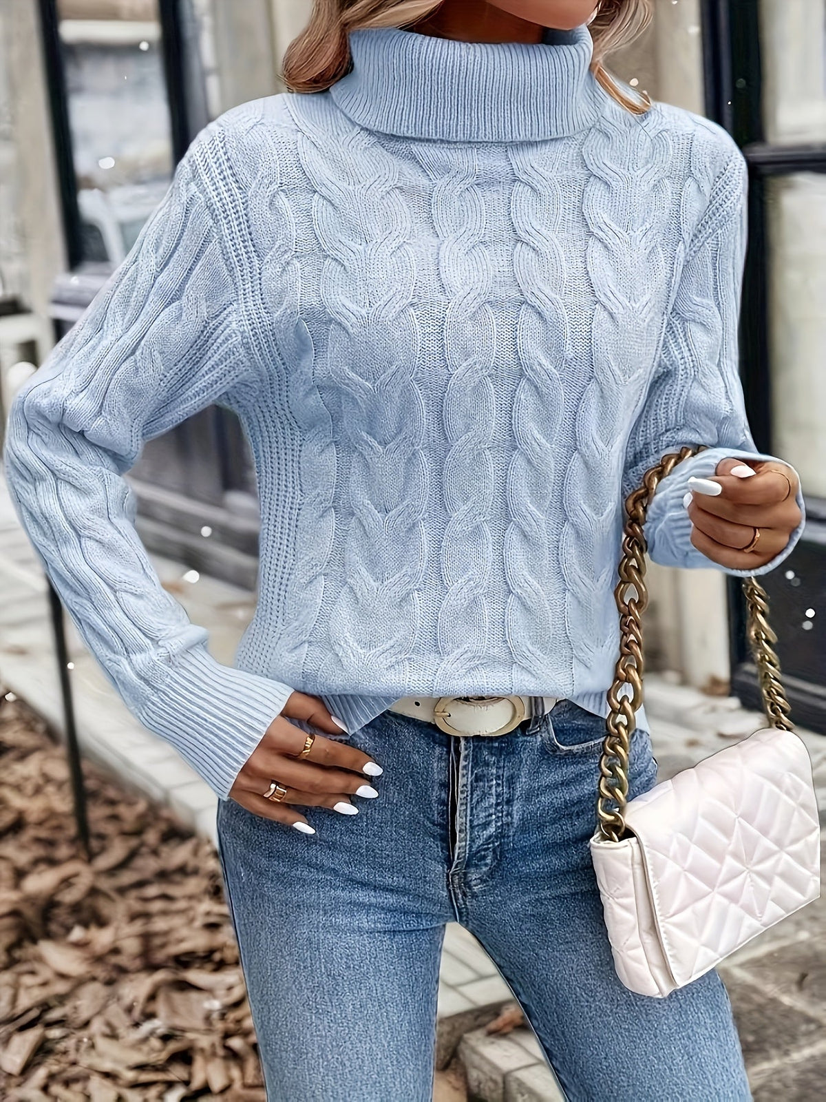 Women's Everyday Turtleneck Pullover with Twisted Cable Knit