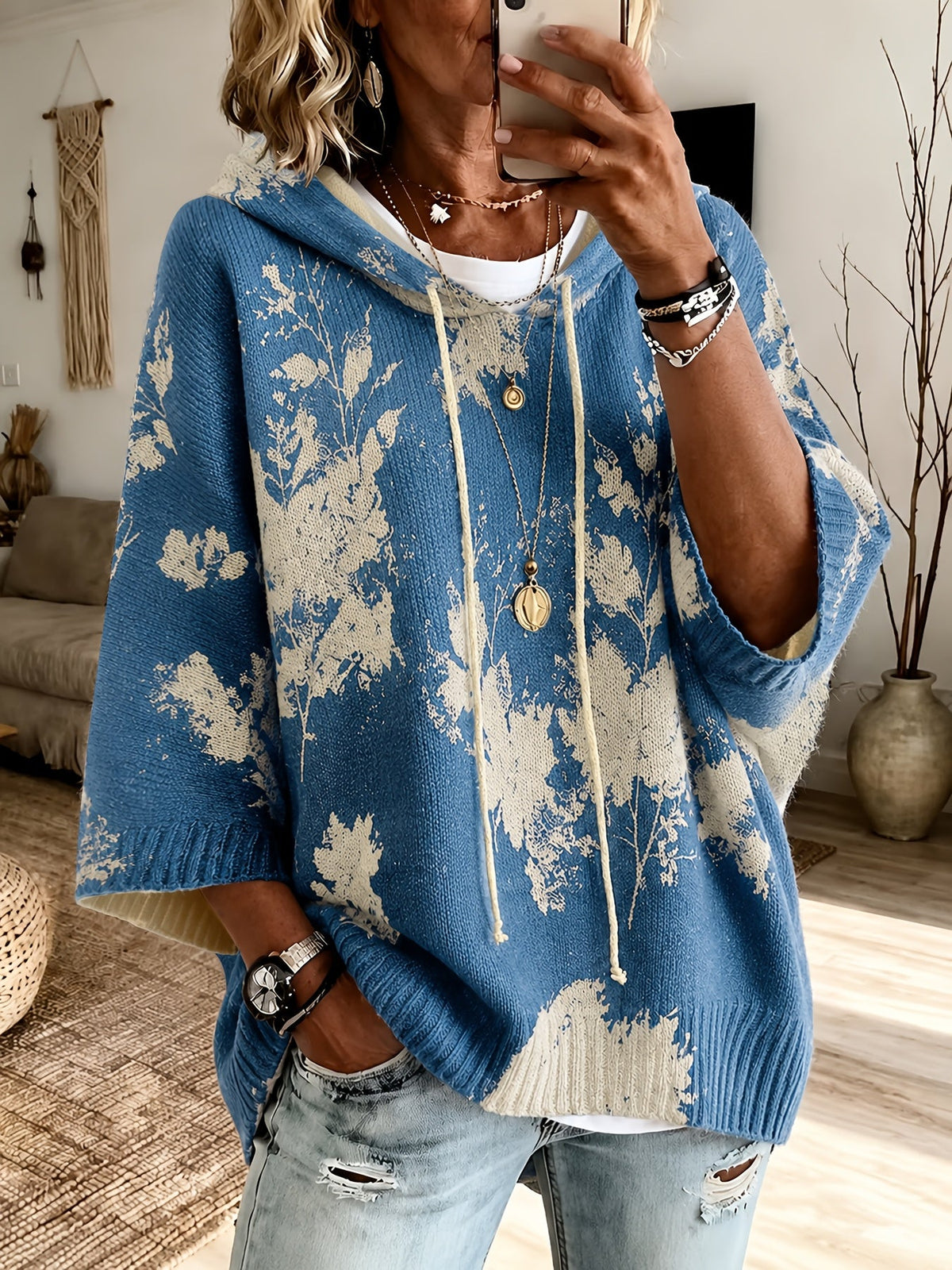 Women's Drawstring Hood Floral Knit Poncho Sweater