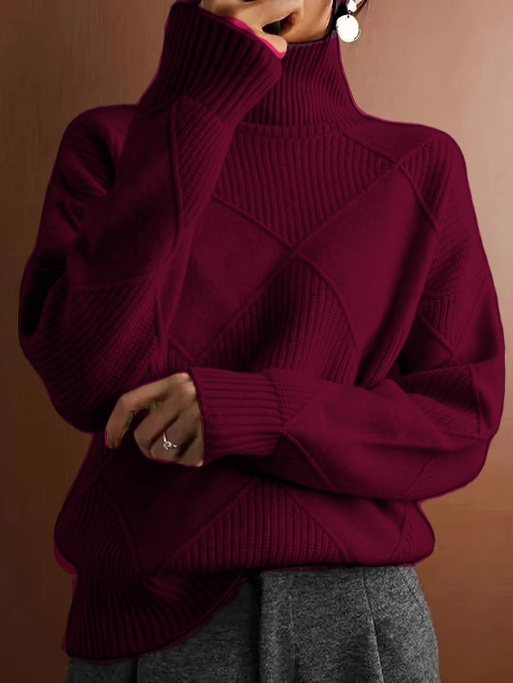 Women's Insulating Knit Turtleneck with Diamond Stitch Detail