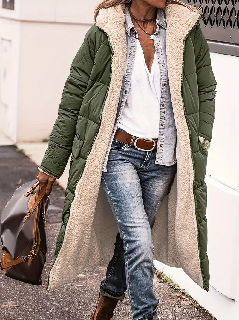 Women's Quilted-to-Sherpa Reversible Winter Coat with Hood - Olive Green