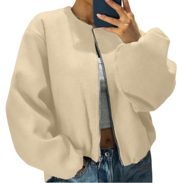 Women's Balloon-Sleeve Short Bomber Jacket - Beige