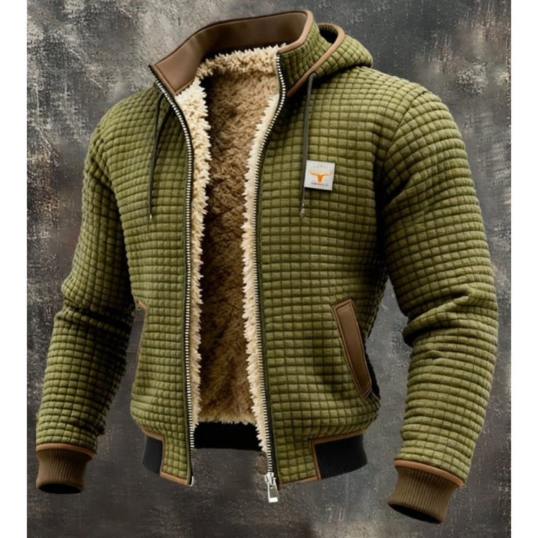 Men's Contrast-Trim Quilted Hooded Jacket with Fleece Lining - Olive Green