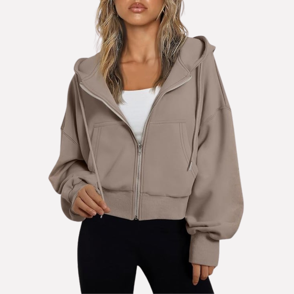 Women's Zip Hoodie Relaxed Fit Cropped Drawstring Jacket