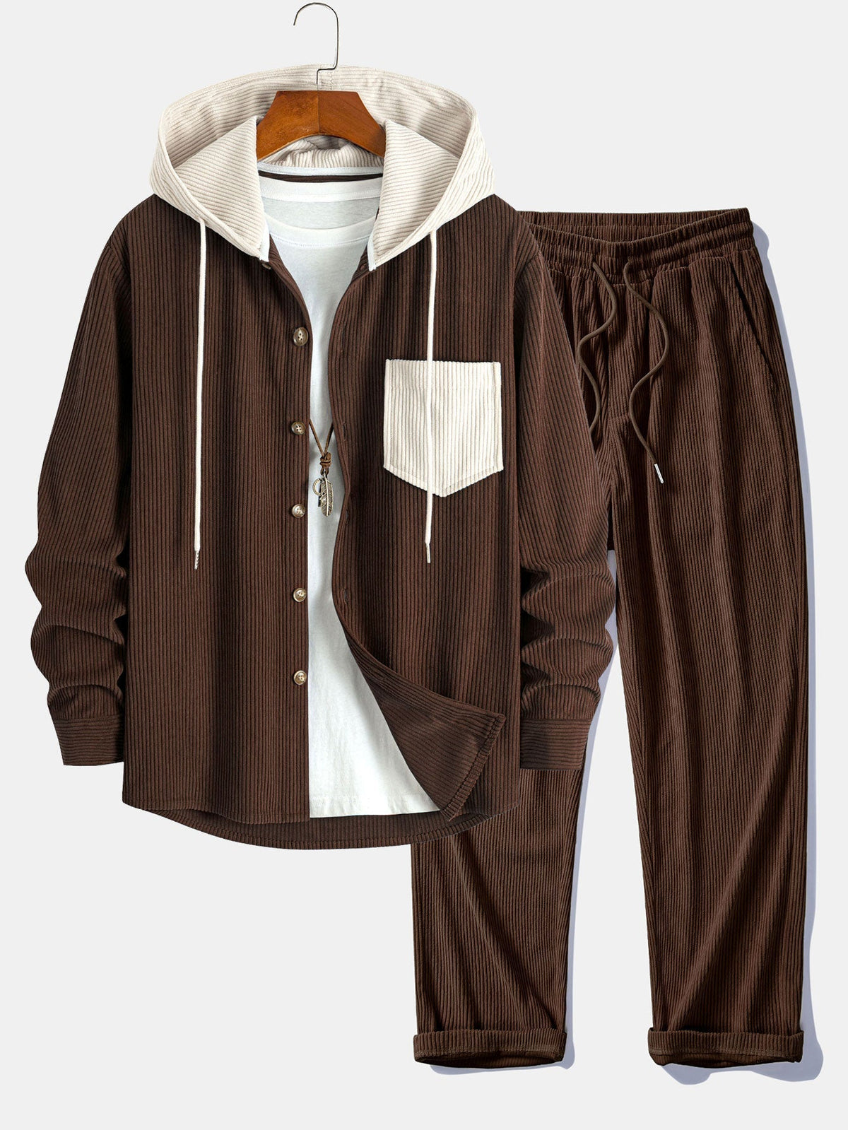 Men's Relaxed Corduroy Two-Piece Hooded Weekend Set - Dark Brown