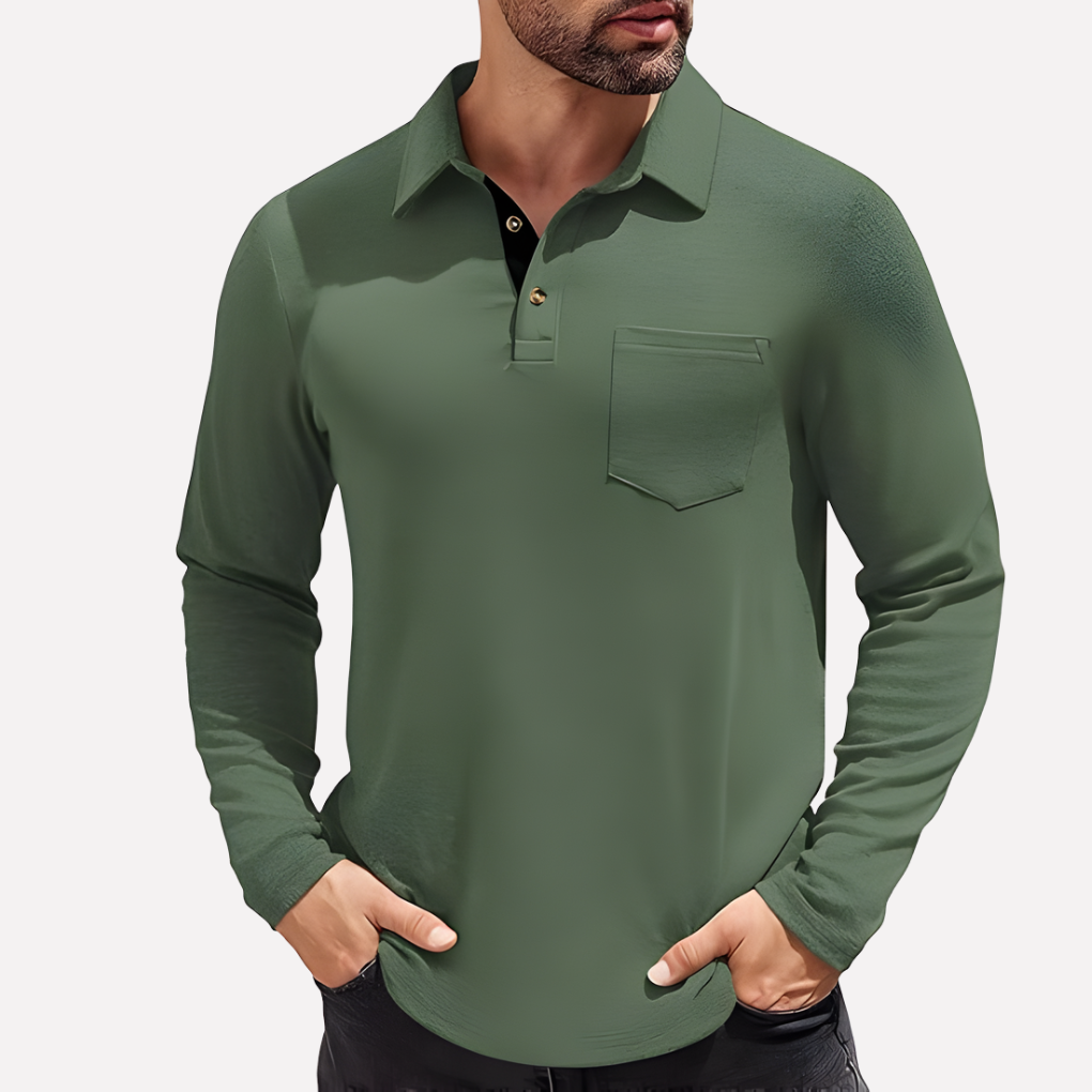Men's Long Sleeve Polo Shirt Chest Pocket Casual Fit