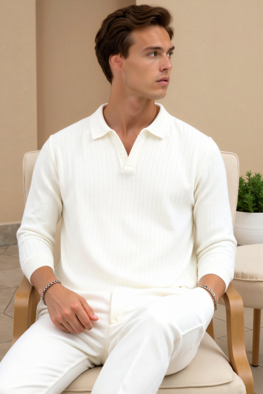 Men's Ribbed Knit Polo Long Sleeve Smart Casual Shirt