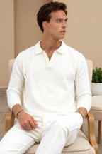 Men's Ribbed Knit Polo Long Sleeve Smart Casual Shirt