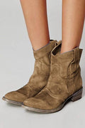 Women's Vintage Western Suede Booties with Stacked Heel - Brown