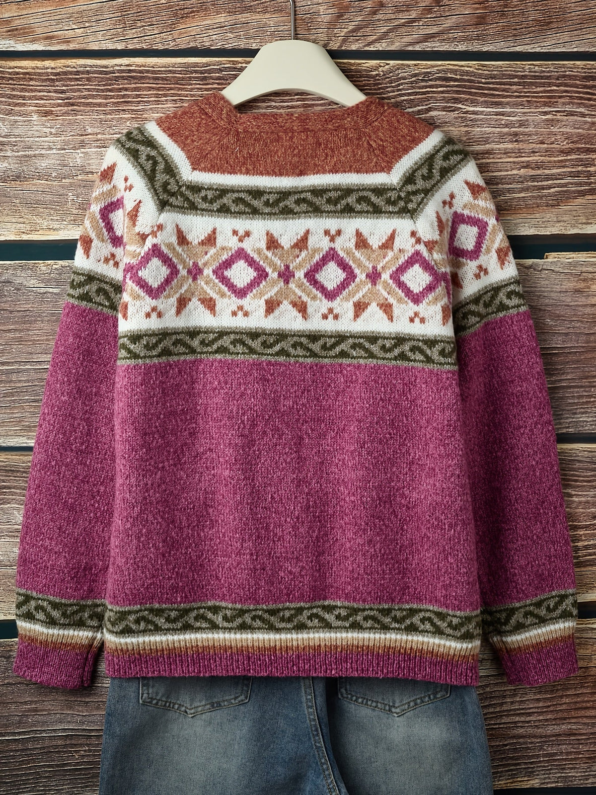 Women's Button-Up Cardigan with Retro Geometric Yoke