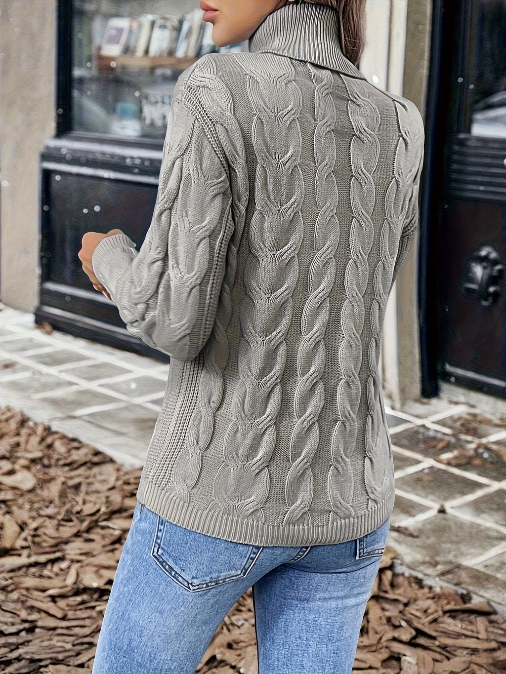 Women's Everyday Turtleneck Pullover with Twisted Cable Knit