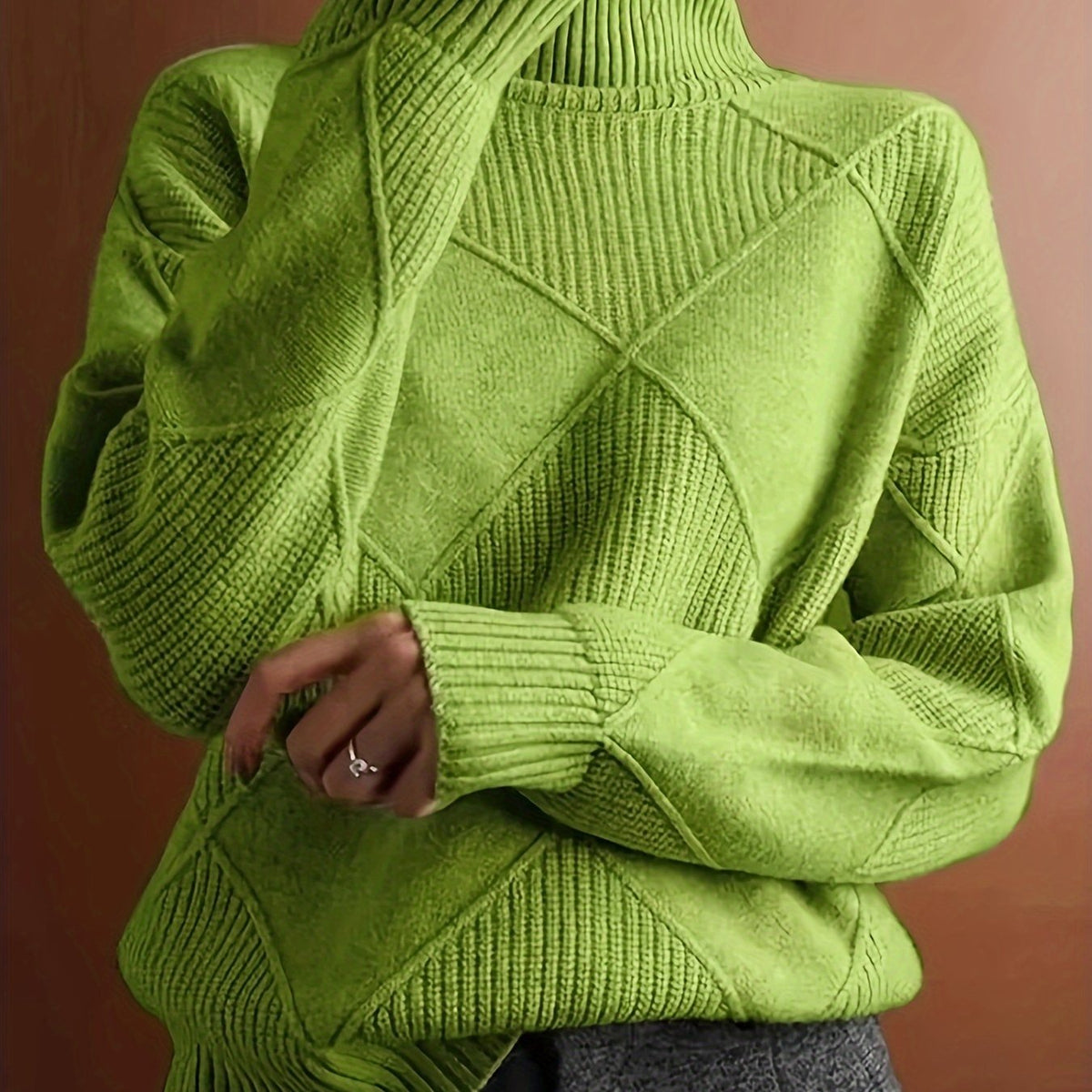 Women's Insulating Knit Turtleneck with Diamond Stitch Detail - Green
