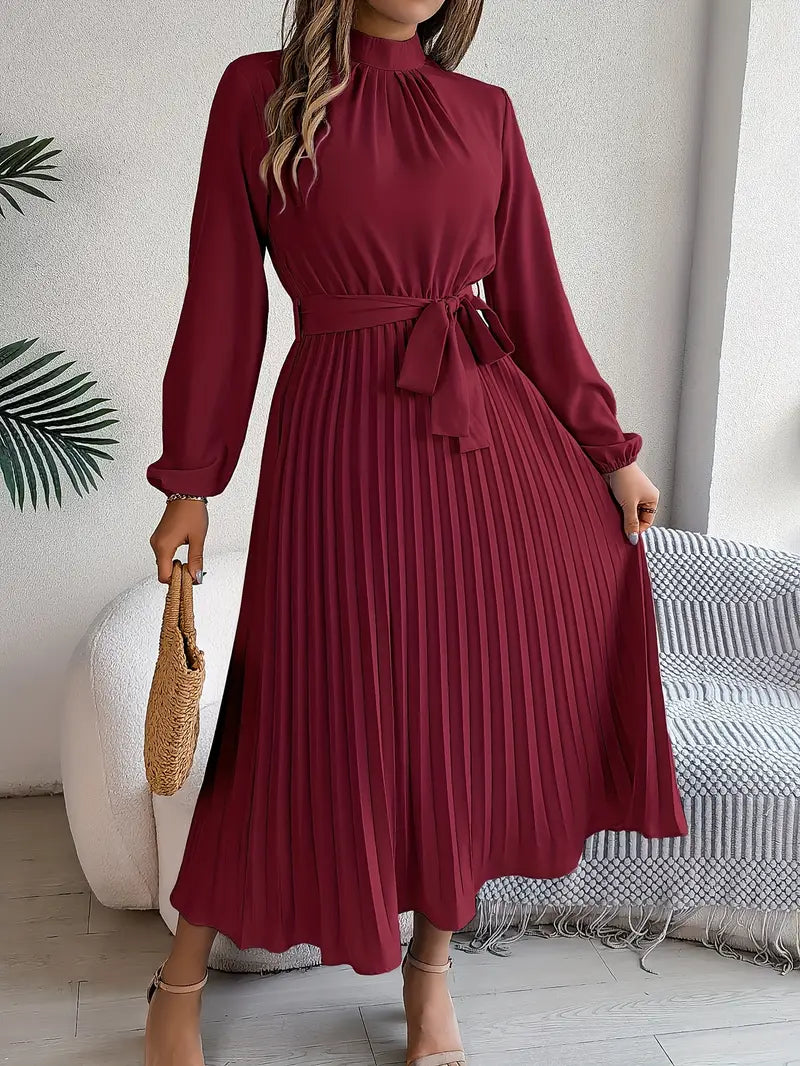 Women's Pleated Midi Dress with High Neck Tie