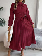 Women's Pleated Midi Dress with High Neck Tie