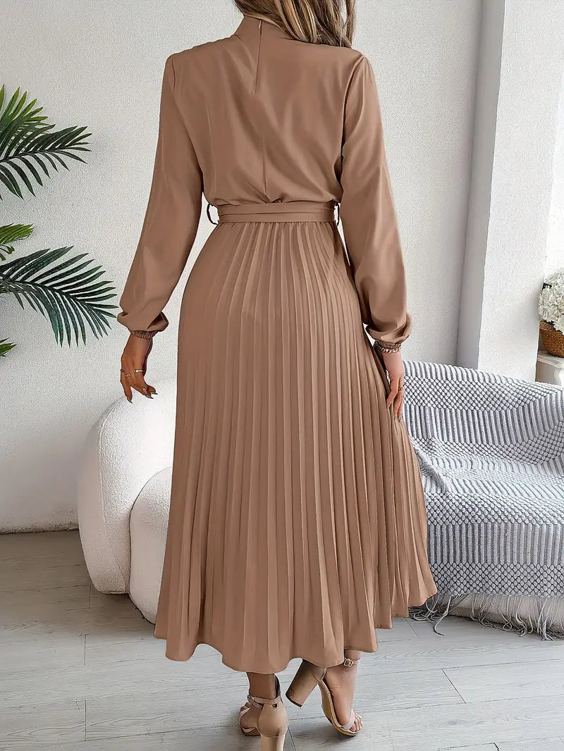 Women's Pleated Midi Dress with High Neck Tie