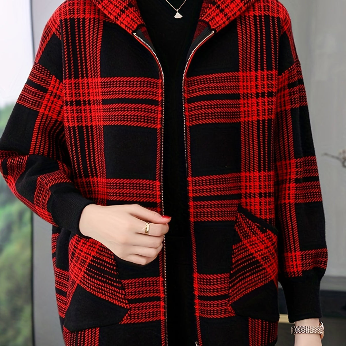 Women's Relaxed Checked Hoodie Jacket with Full Zipper - Red