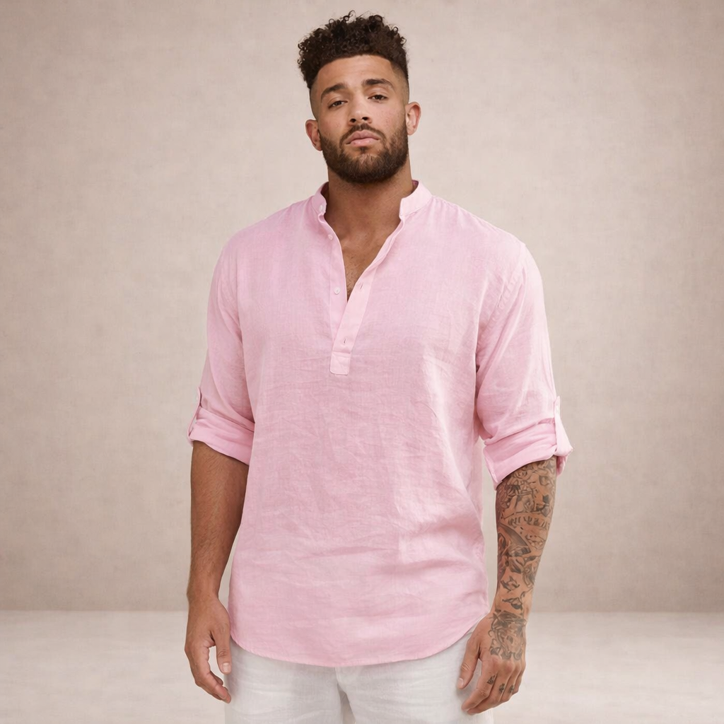 Men's Linen Shirt Open Placket Roll Sleeve Resort Fit