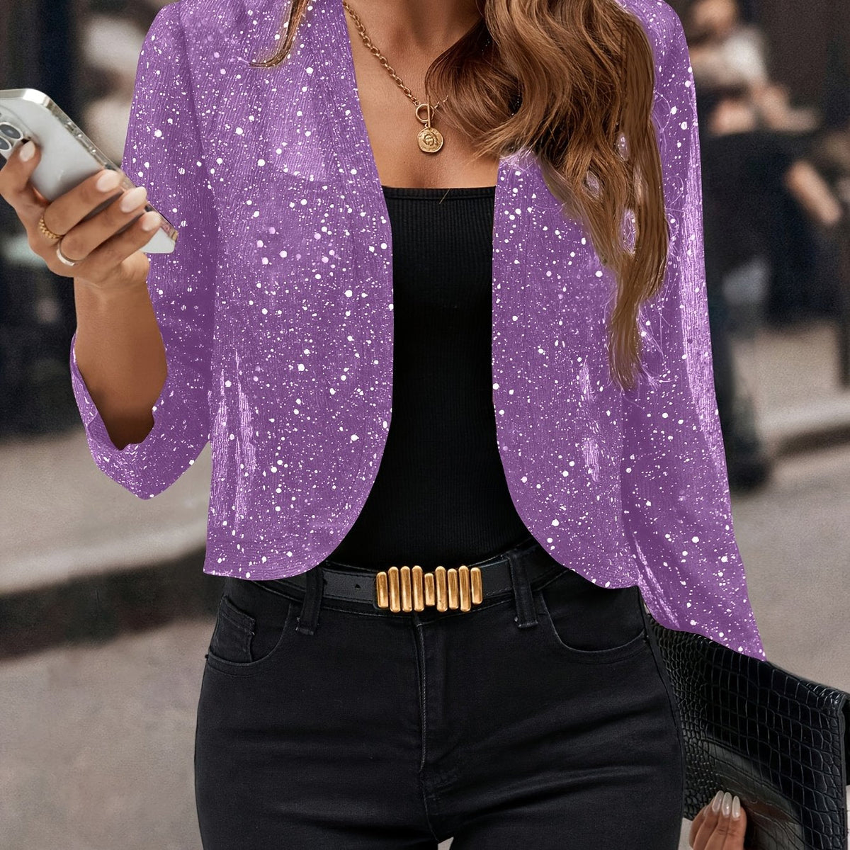 Women's Metallic Knit Open-Front Short Jacket - Purple