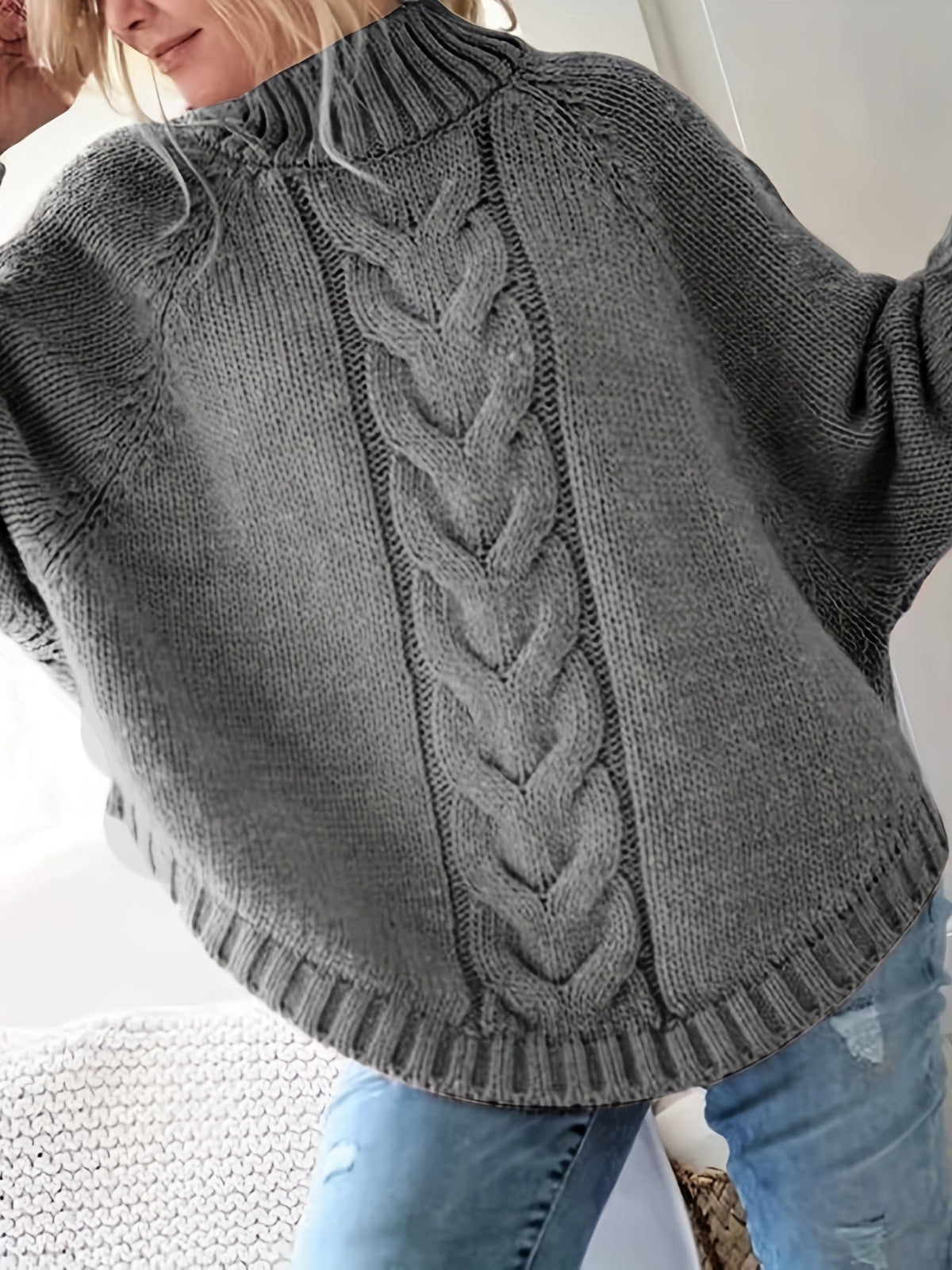 Women's Thick Textured High-Neck Sweater with Cable Detail