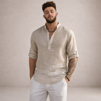 Men's Linen Shirt Open Placket Roll Sleeve Resort Fit