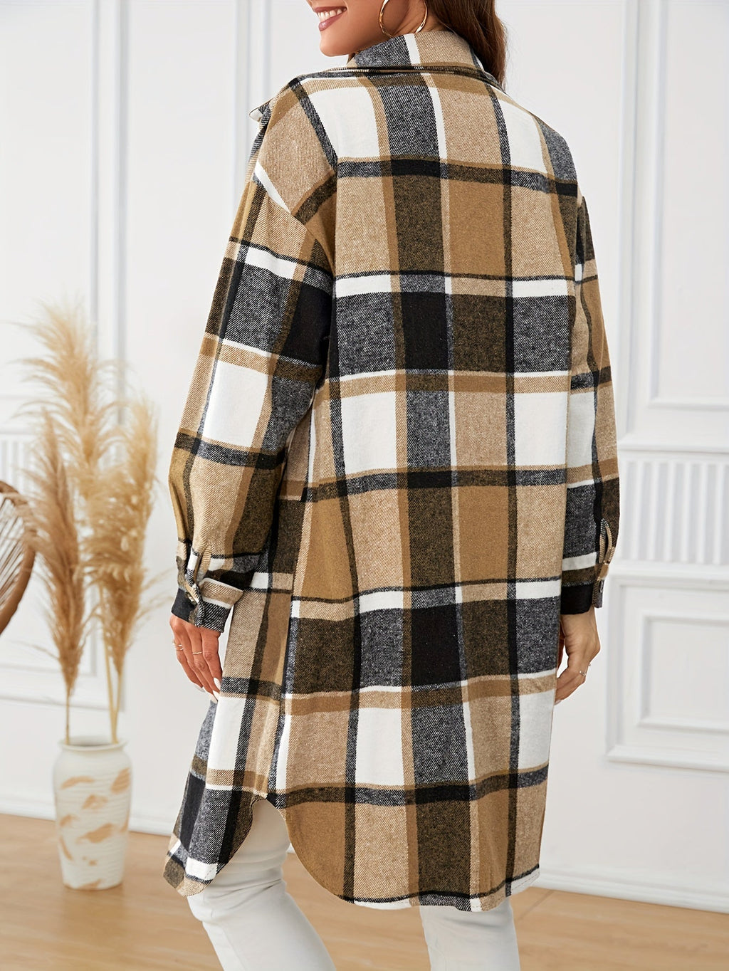 Women's Classic Check Button-Front Longline Coat