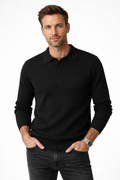 Men's Ribbed Knit Polo Sweater V Neck Slim Fit
