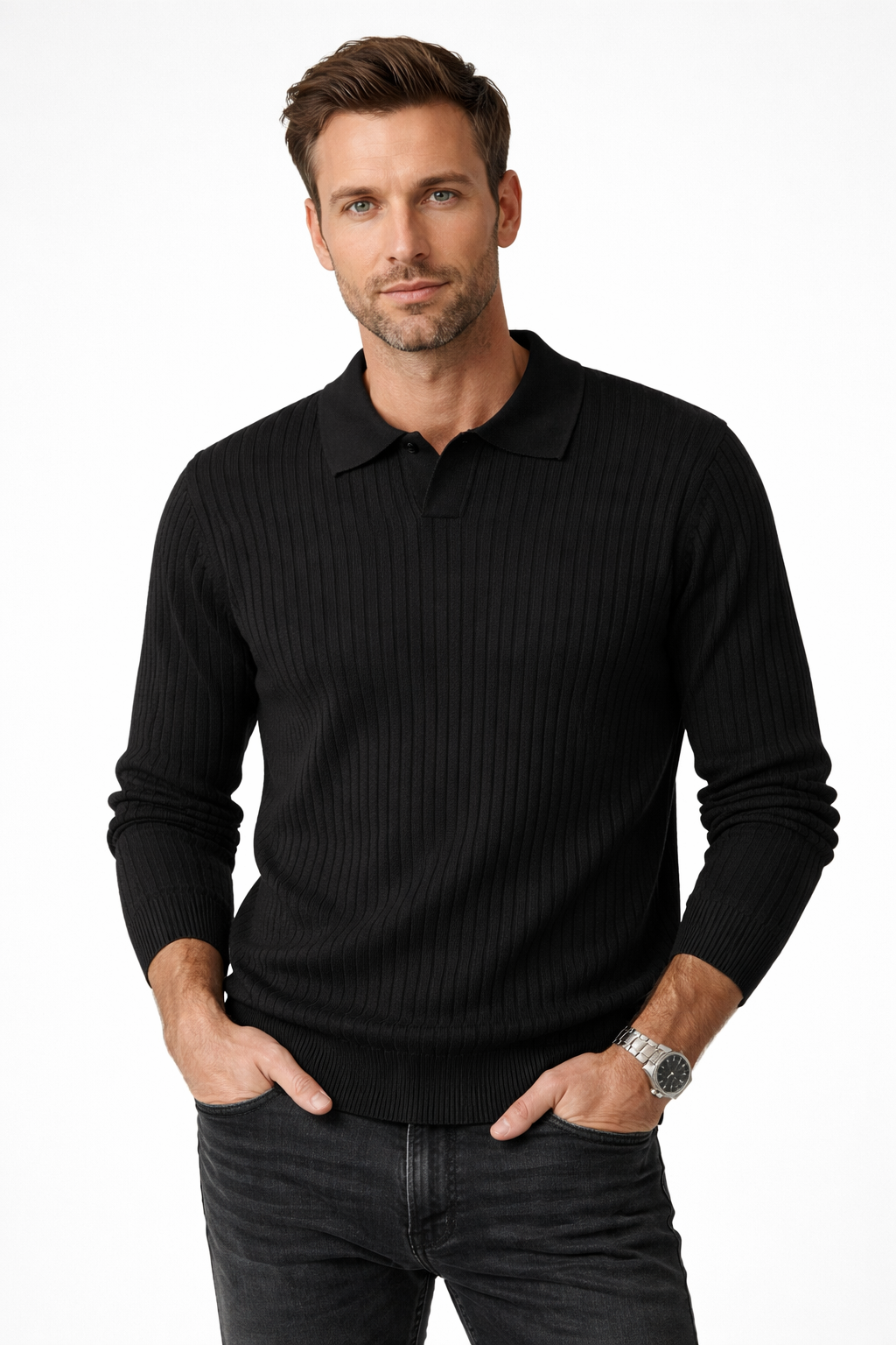 Men's Ribbed Knit Polo Sweater V Neck Slim Fit