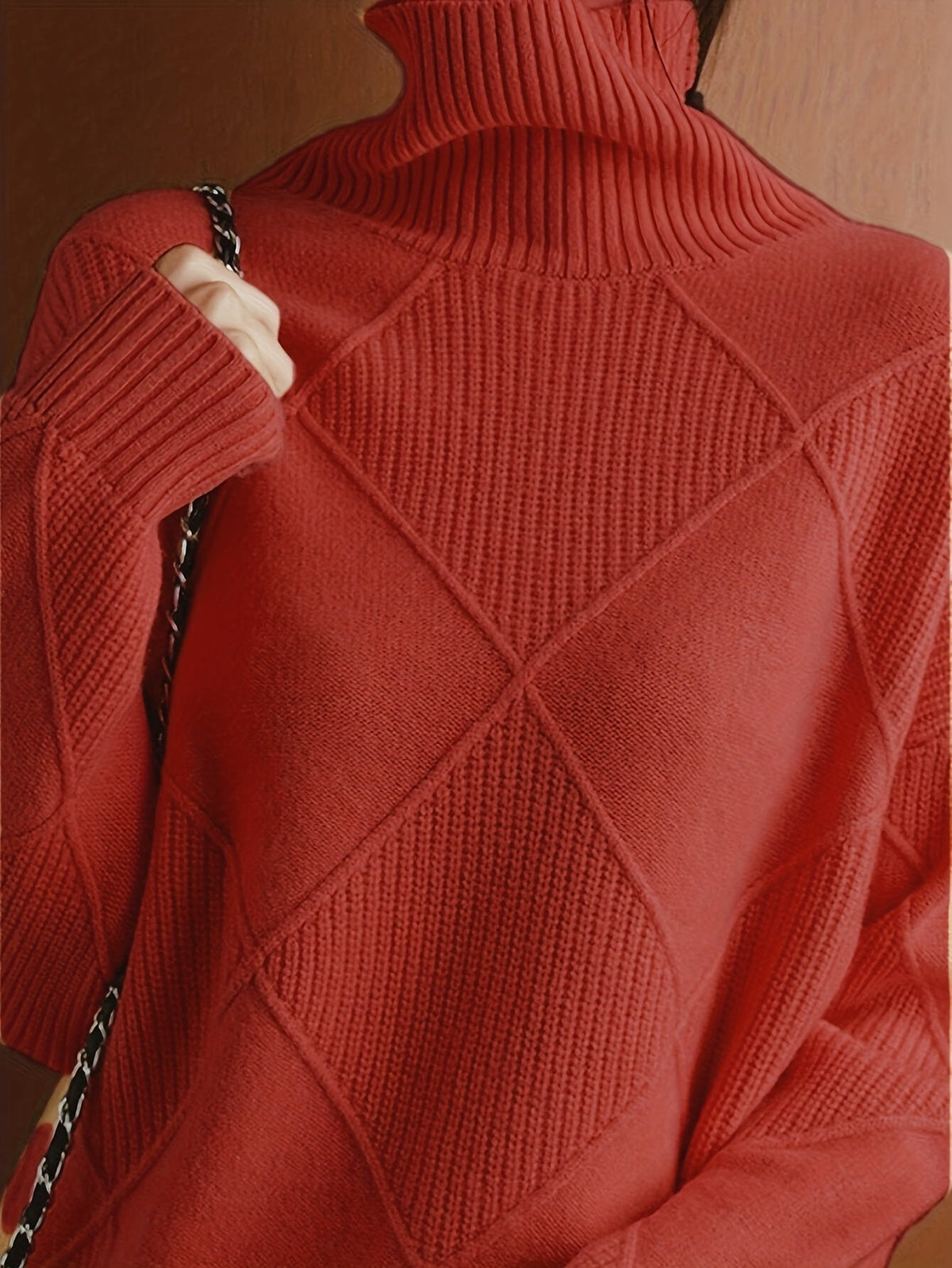 Women's Insulating Knit Turtleneck with Diamond Stitch Detail
