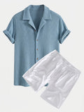 Men's Textured Waffle Resort Set Button Shirt with Linen