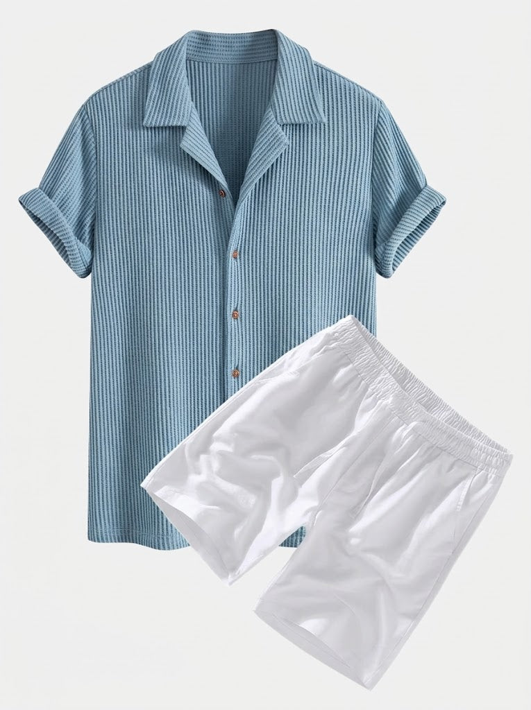 Men's Textured Waffle Resort Set Button Shirt with Linen