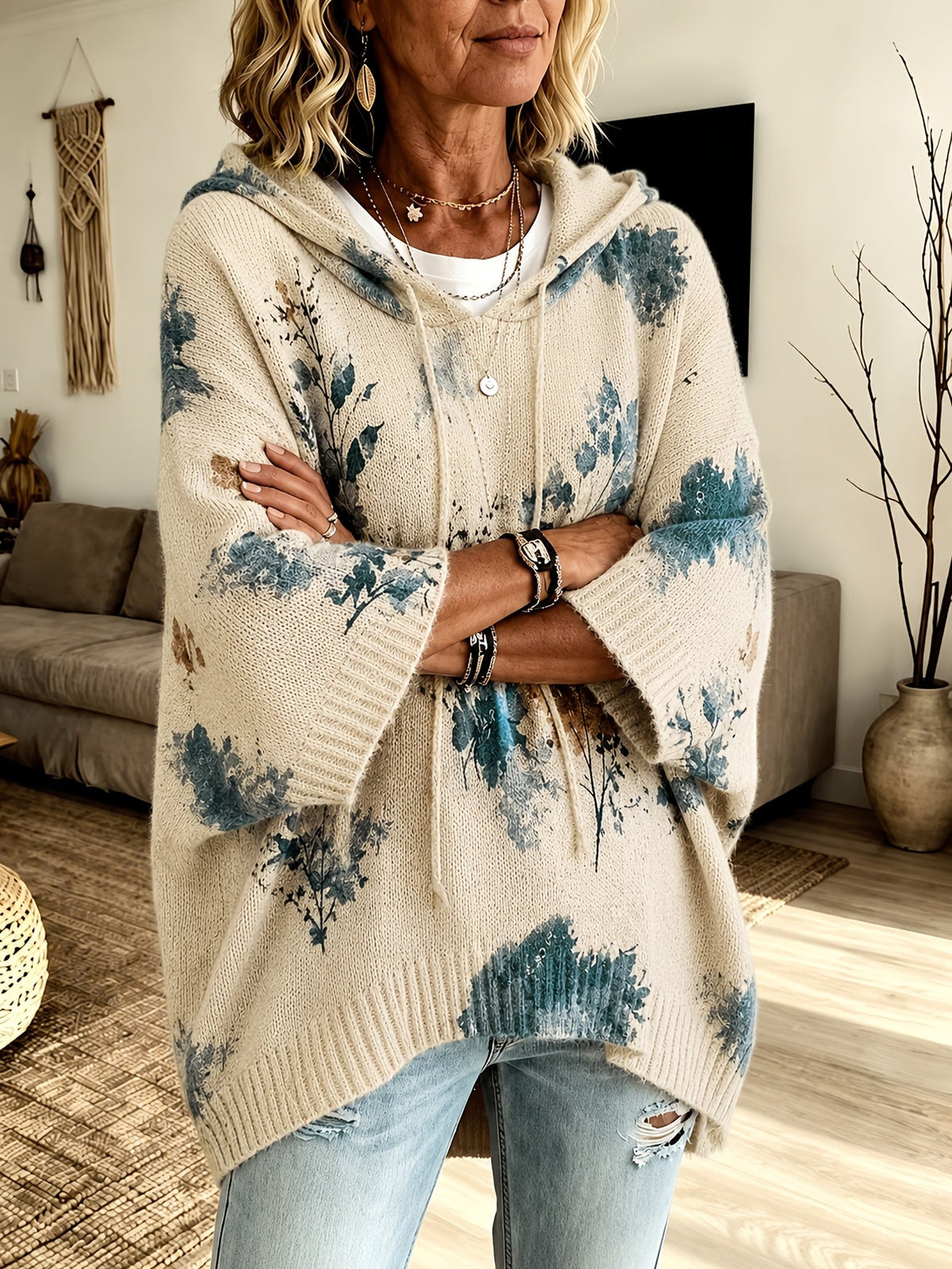 Women's Drawstring Hood Floral Knit Poncho Sweater
