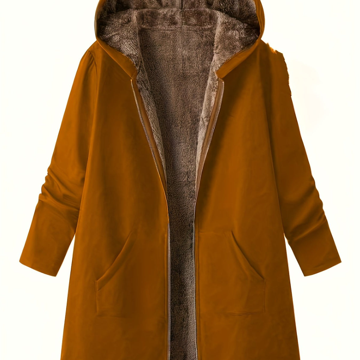 Women's Longline Hooded Winter Coat with Full-Length Zip - Bronze
