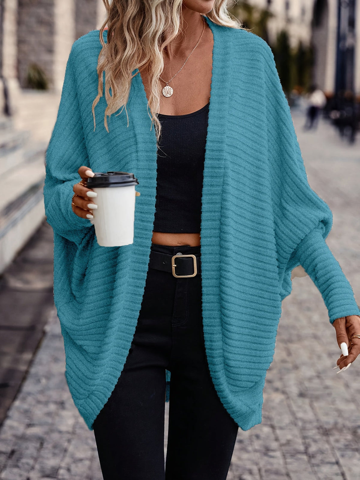 Women's Buttonless Ribbed Drape Cardigan