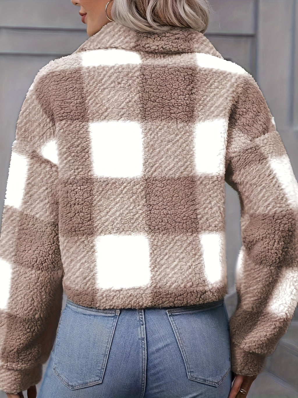 Women's Cropped Plaid Jacket with Relaxed Collar