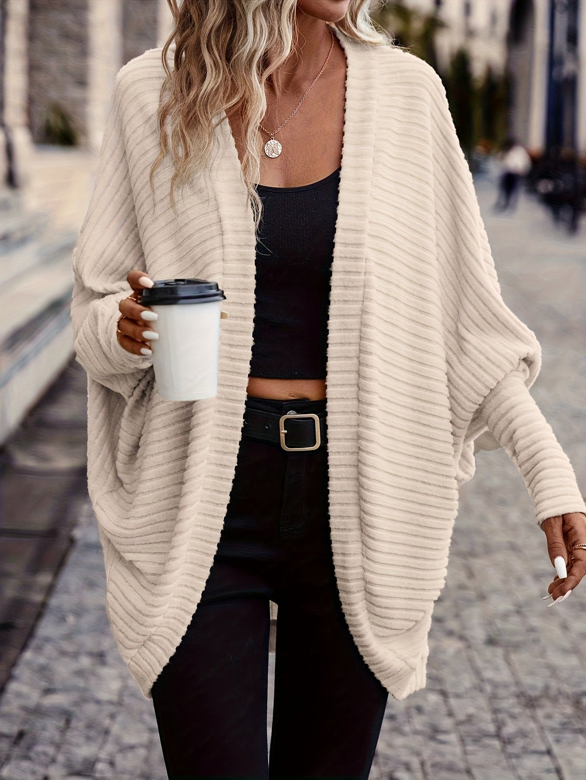 Women's Buttonless Ribbed Drape Cardigan