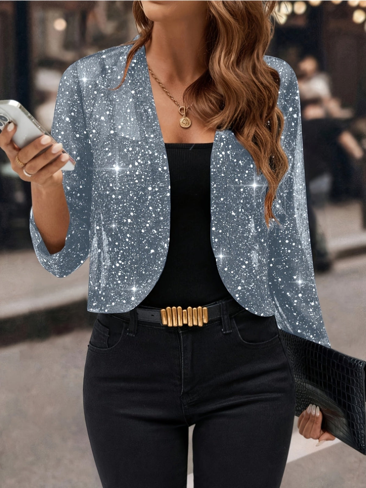 Women's Metallic Knit Open-Front Short Jacket