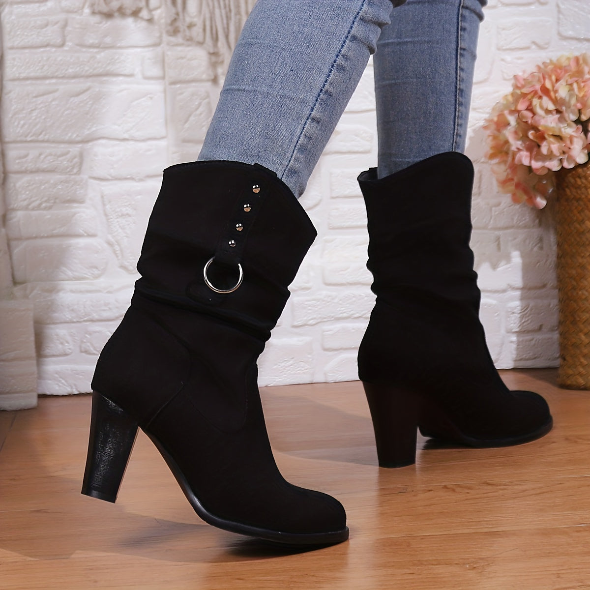 Women's Relaxed Fold Cowgirl Booties with Ring Accent