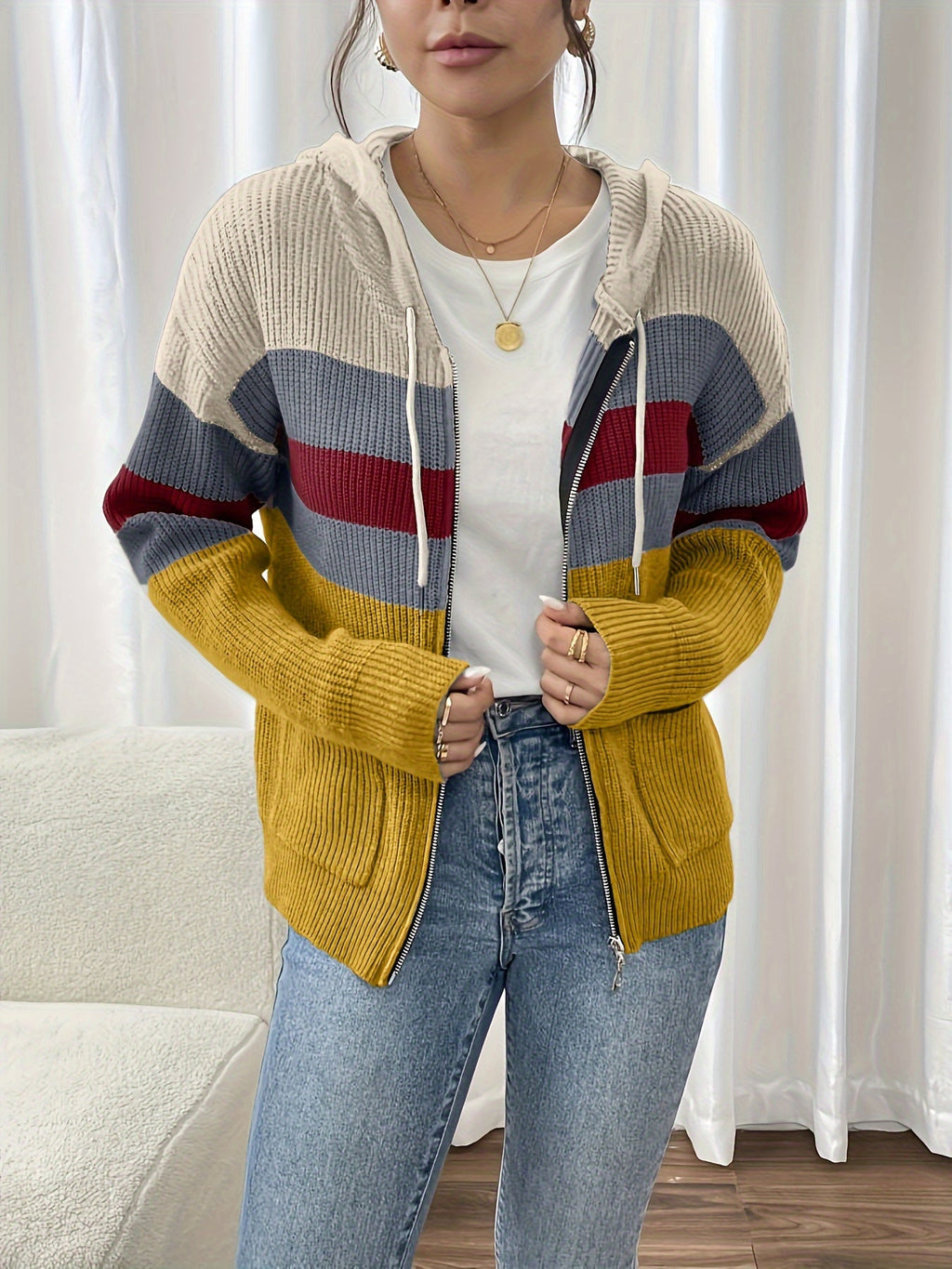 Women's Multicolor Rib Knit Hooded Zip-Up Cardigan