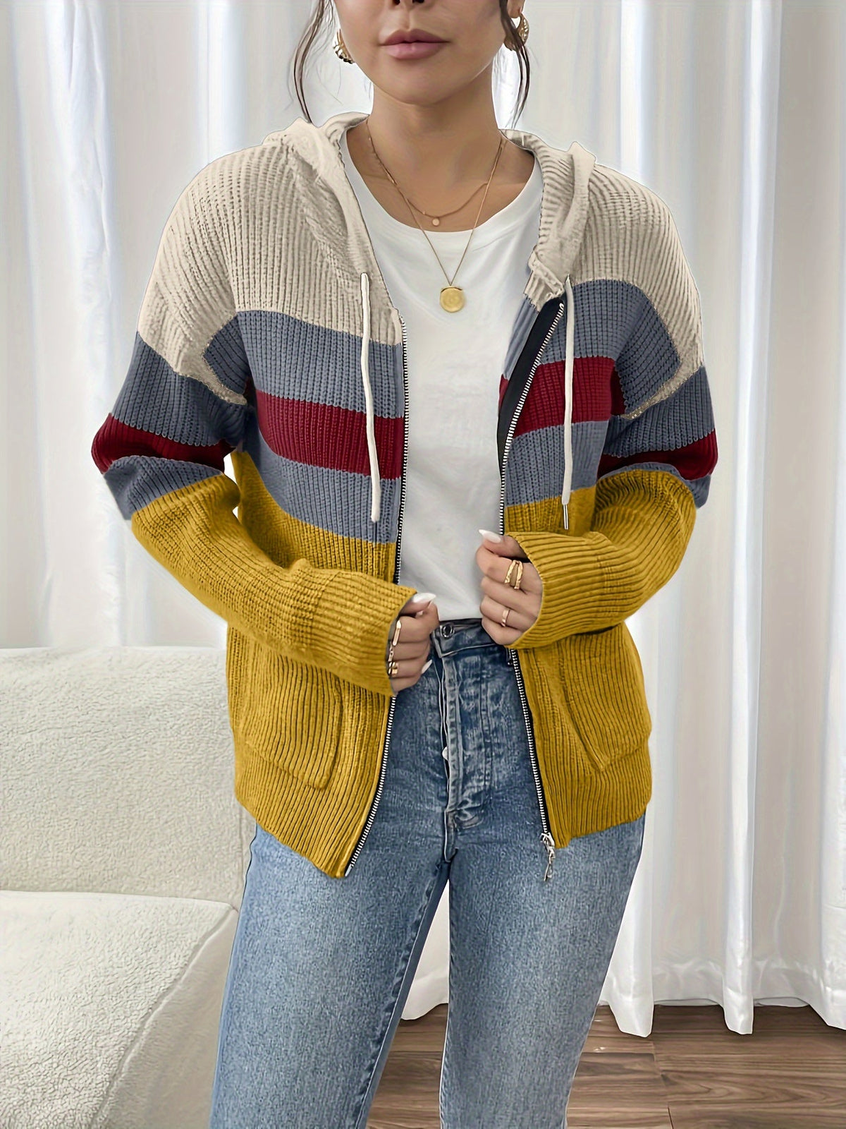 Women's Multicolor Rib Knit Hooded Zip-Up Cardigan