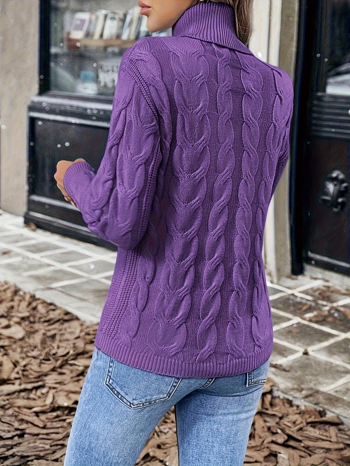 Women's Everyday Turtleneck Pullover with Twisted Cable Knit