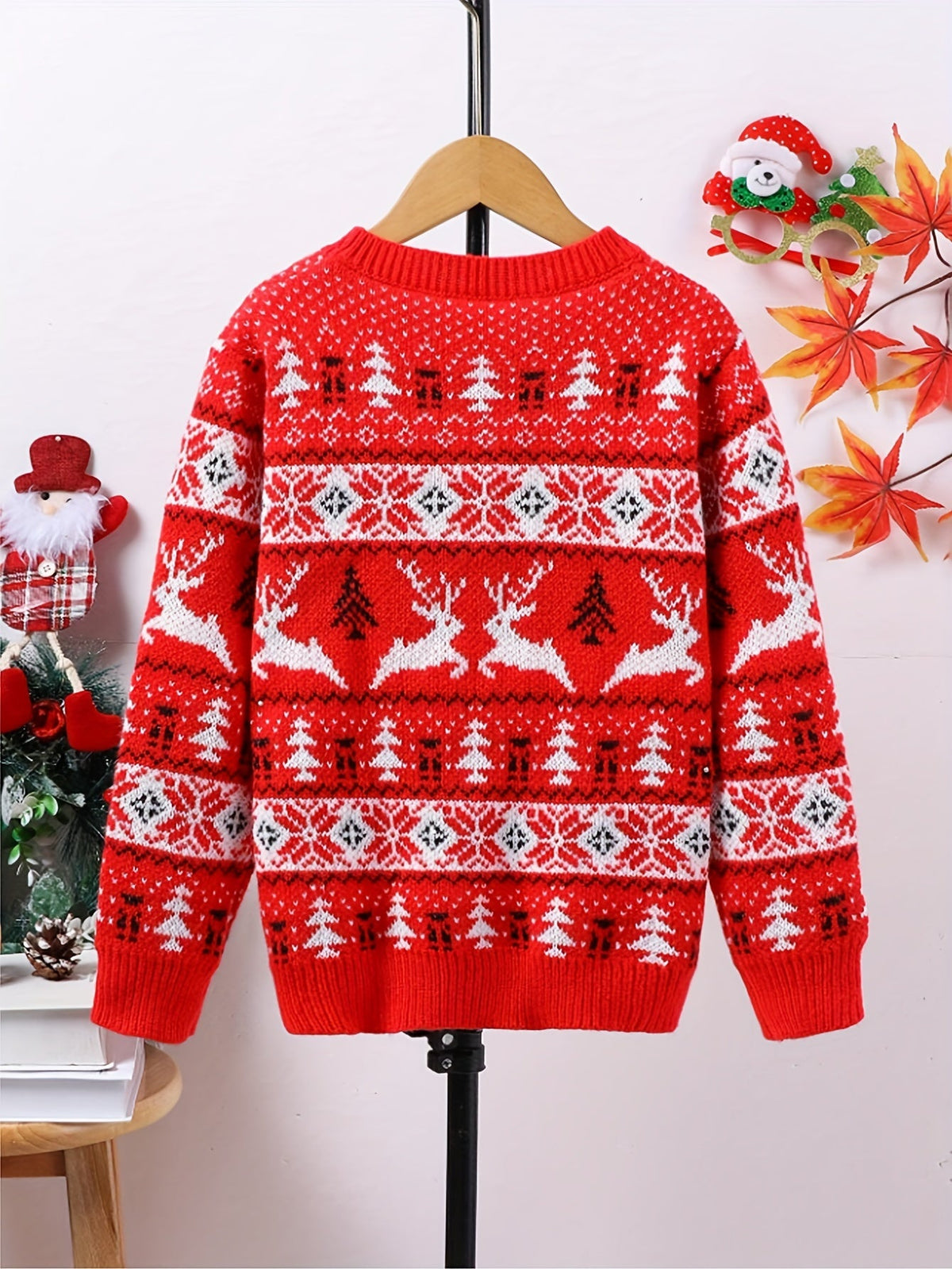 Women's Red Reindeer and Pine Tree Holiday Knit Sweater