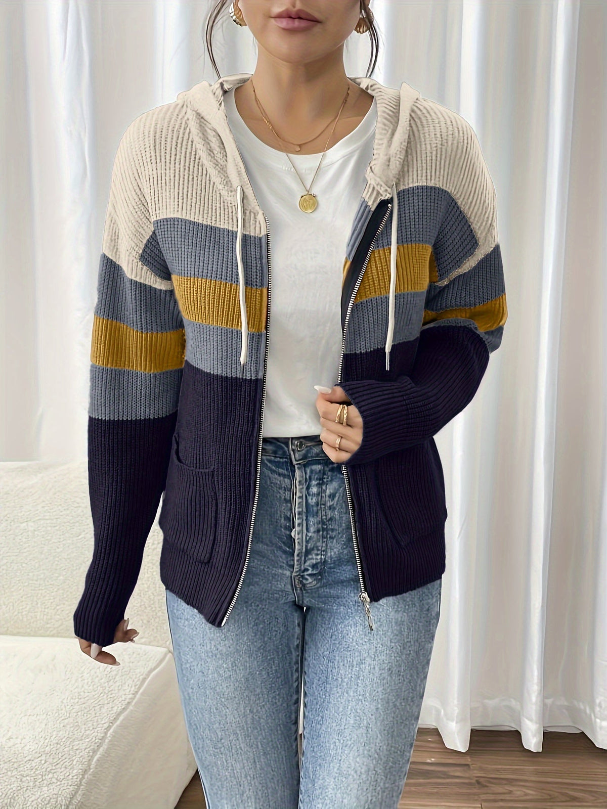 Women's Multicolor Rib Knit Hooded Zip-Up Cardigan