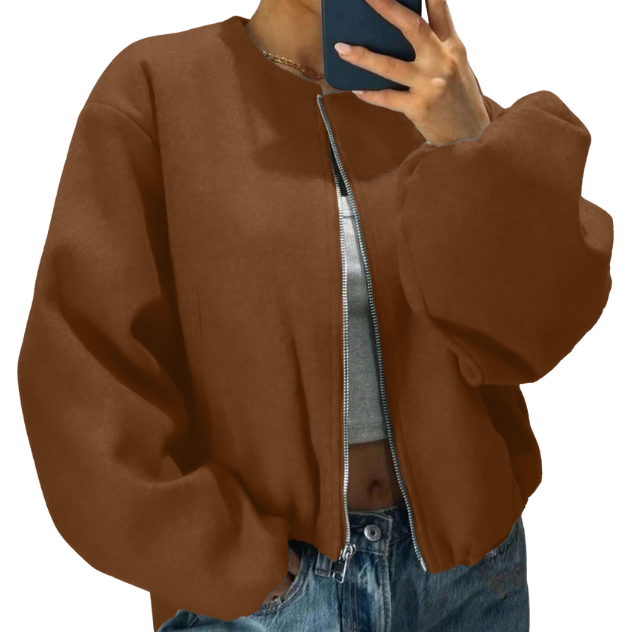 Women's Balloon-Sleeve Short Bomber Jacket - Brown