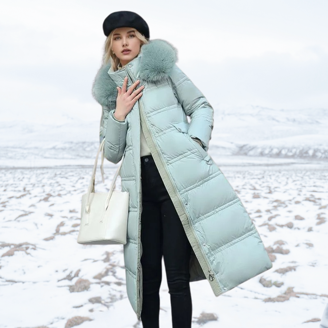 Women's Faux Fur Collar Long Puffer Coat with Side Pockets - Light Blue
