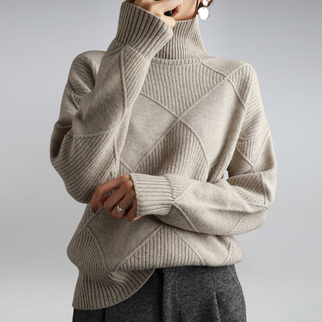 Women's Diamond Knit Turtleneck Pullover in Warm Wool Blend - Khaki