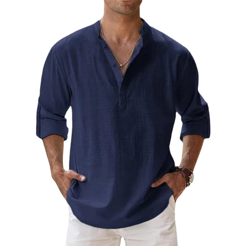 Men's Linen Henley Shirt Relaxed Fit Summer Button Neck