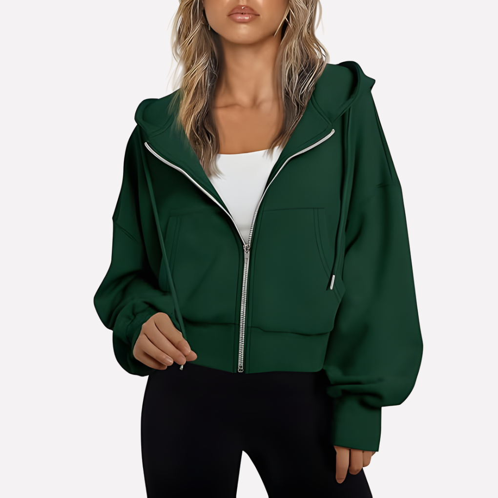 Women's Zip Hoodie Relaxed Fit Cropped Drawstring Jacket
